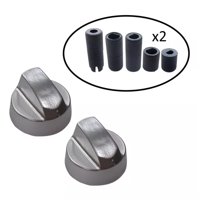 Two UNIVERSAL for NEW WORLD Cooker Oven Hob Silver Control Knob & Ten Adapters