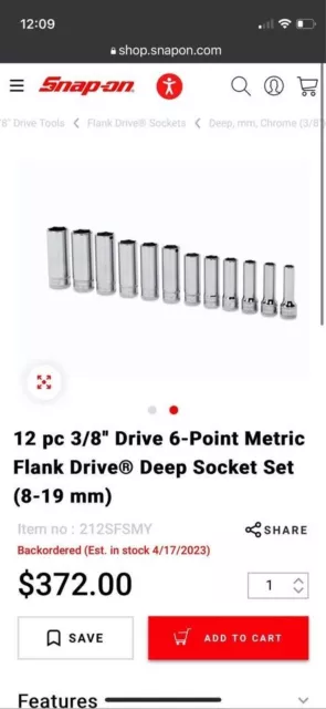 Snap-on 12 Piece 3/8" Drive 6-Point Metric Flank Drive Deep Socket Set NEW