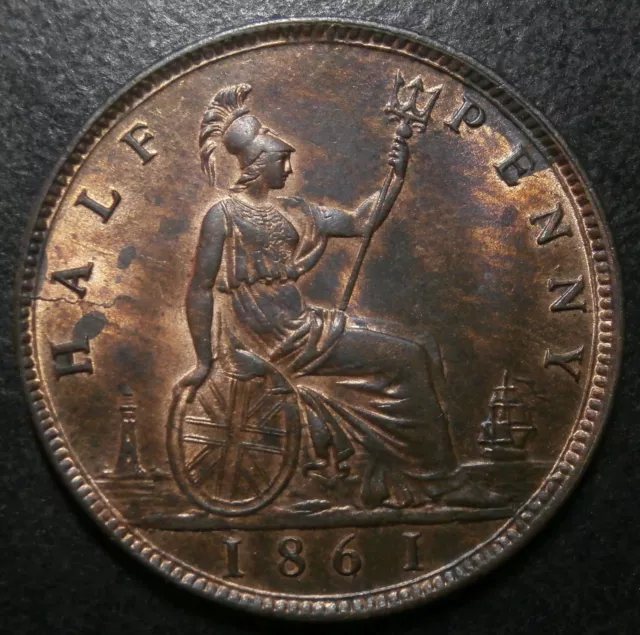 UK bronze halfpenny 1861 - Victoria high grade ~gEF with half good lustre
