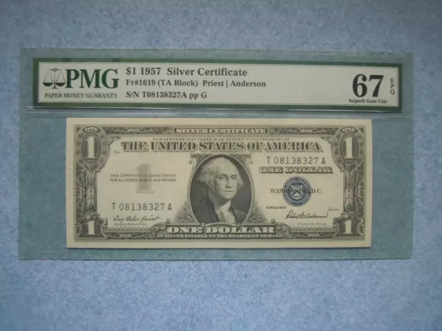 1957 $1 Silver Certificate Blue Seal Graded 67 Superb Gem Uncirculated EPQ