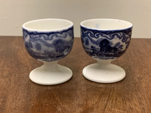 Antique Pair Of George Jones Abbey Pattern Blue & White Egg Cups