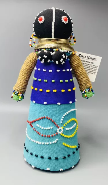 Ndebele African Ceremonial  Female Doll 10 " tall Beaded  Purple Aqua Dress