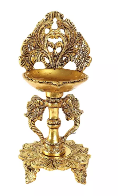 Indian Traditional Twin Peacock Design Brass Diya For Pooja Decor 9 Inches 3