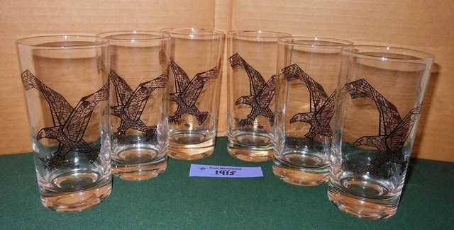 6 Vintage MCM Black Gold Geometric EAGLE Highball Tea Water Glass Drink Tumblers