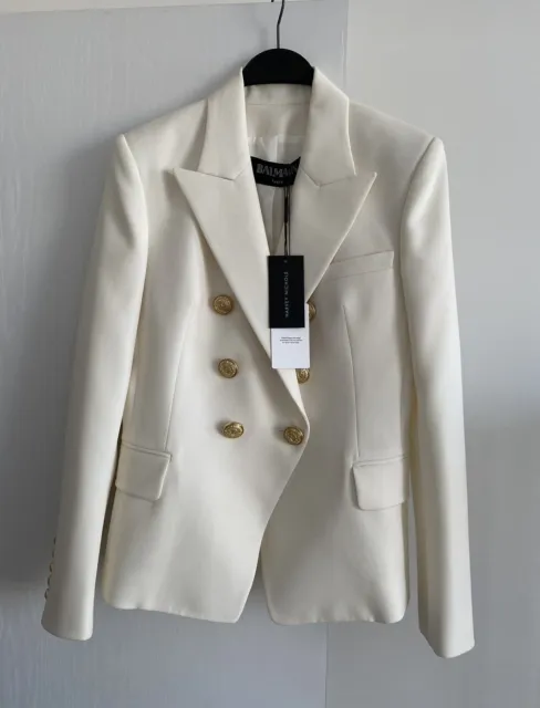 Bnwt Balmain Wool Double Breasted Jacket Blazer White Cream Ivory Gold Buttons40