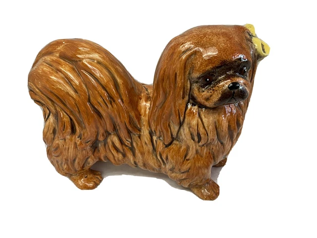 Vintage  Ceramic Pekingese Dog Figurine Statue Hand Painted 15 x 10 x 4”
