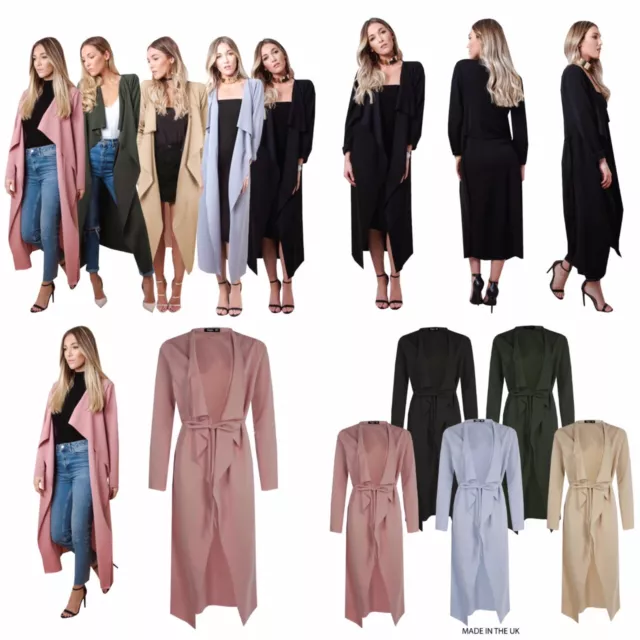 Womens Ladies Maxi Midi Long Sleeved Belted Waterfall Duster Jacket Coat 8-22