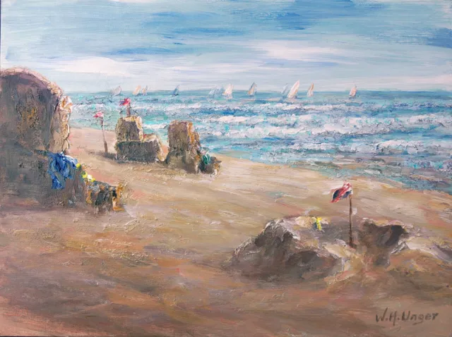 W.H.Unger original-Gemälde-Badestrand mit Strandkörben, Segelregatta im Sommer