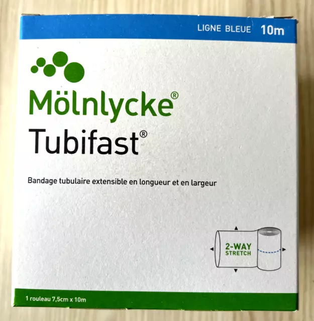 MÖLNLYCKE TUBIFAST 7,5cm x 10m Ligne Bleue 2 WAY Stretch Bandage Tubulaire Neuf