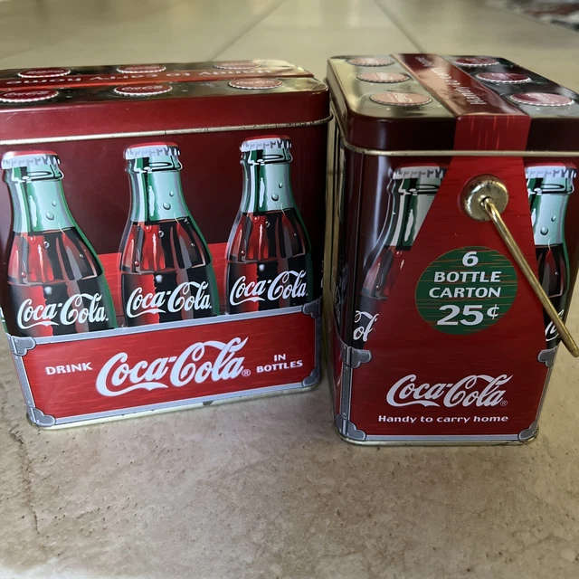 2 Vintage Coca Cola Metal Box 5x5x3 Collectible 6 Bottle Carton 25 Cent Design