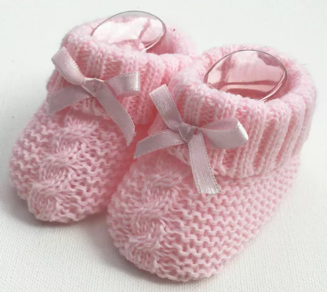 Newborn Baby Booties Knitted Cable Bow Spanish Romany Pink Girls by Soft Touch