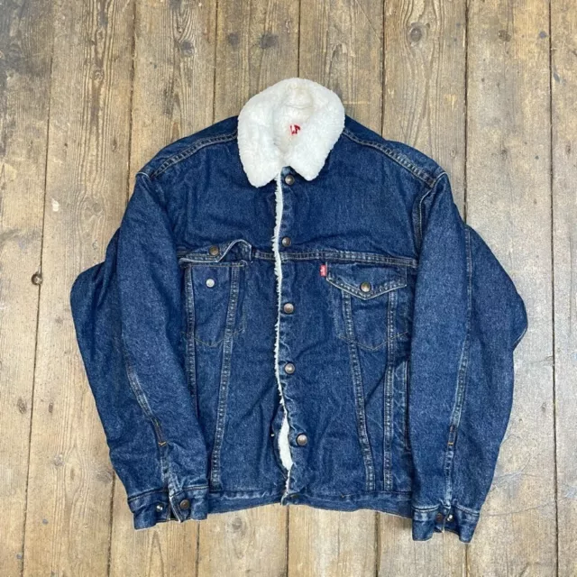 Levis Denim Jacket Sherpa Lined Vintage 90s Bomber Coat, Blue, Mens Small