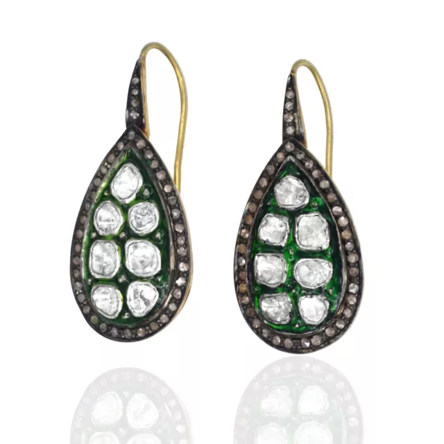 925 Sterling Silver Rhodium Green Enamel Natural Diamond Polki Womens Earrings