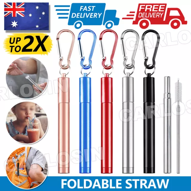 Stainless Steel Metal Straw Reusable Drinking Collapsible Brush Foldable Keyring