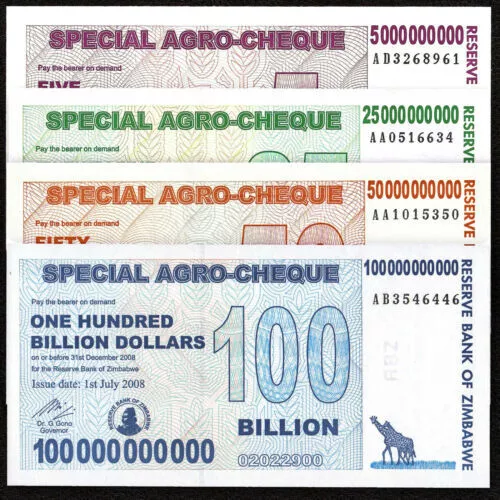 ZIMBABWE 100 50 20 5 Billion Dollars Agro-Cheque Set 4 PCS 2008 P61 62 63 64 UNC