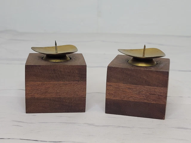 Vintage MCM Wood and Metal Square Candlestick Holders 2" Tall