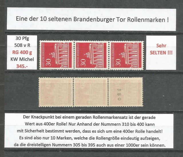 RM 30 Pfg Brandenburger Tor MiNr. 508vR RG 400! Gerade Nummer postfrisch 3er