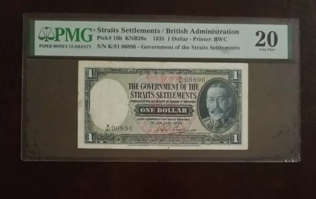 Straits Settlements 1 Dollar Banknote P-16b 1935  PMG 20 VF