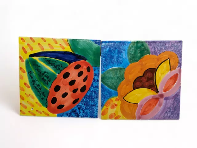 2 Italian Sintopress Pottery Terracotta Tile Trivet Hand Painted Fruit Flower