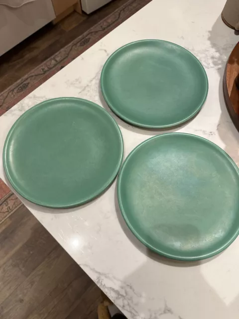 Lot of 3 Catalina Island Pottery Descanso Green Dinner Plates - 10" wide