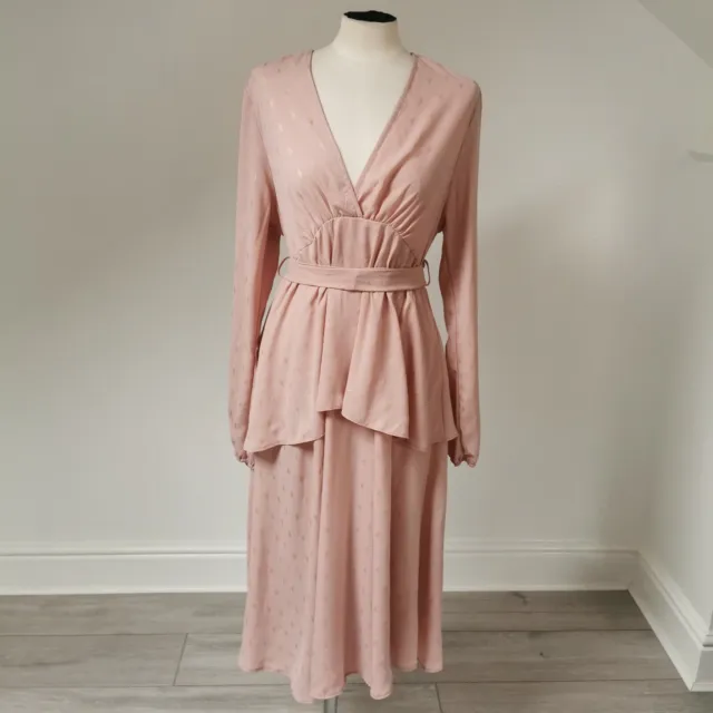 Queen Bee Maternity Plunge Front Tiered Midi Dress with Belt Size 14 BNWT Pink