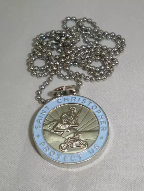 St Christopher Rides Harley Bikers Saint Medal Necklace Baby Blue