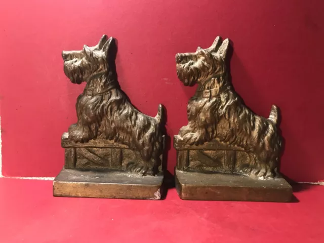 1940s/50s CAST SOLID BRASS BOOKENDS--SCHNAUZER DOGS--DECADES OLD TARNISH/PATINA