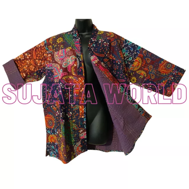 Paisley Patchwork Artisan Kantha Hand Stitch Kimono Jacket Boho Hippie  M L Xxl