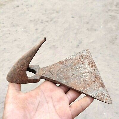 19c Handmade Axe Head Steel Rusted Iron 6.1" Original Old Unique Carved Design