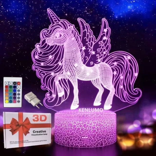 Fée Licorne 3D Lampe de nuit Lampe de chevet LED télécommande 16 couleurs USB