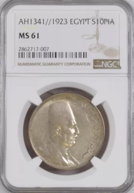 Egypt , 10 Piastres King Fuad Fouad 1923 Ngc Ms 61 (Lg) No H Mint Mark , Rare