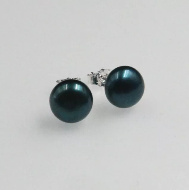 Peacock blue 1 pairs 9-10 mm Akoya Cultured Freshwater pearl studs earring s925