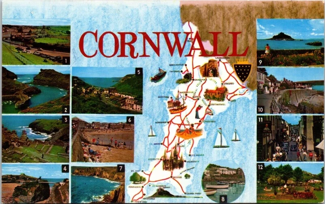 Map Of Cornwall England Multi View Landmarks Landscape Aerial Chrome Postcard