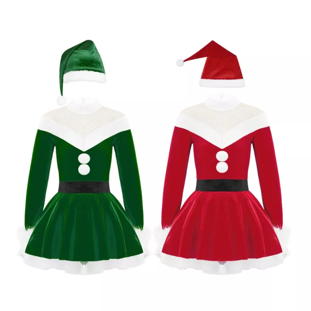 DE ranrann Kinder Weihnachten Kostüm Langarm Weihnachtskleid mit Weihnachtsmütze