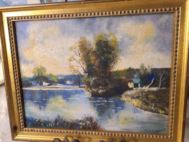 Antique river pond-scape/cabin Oil on board- farms on the banks of the Hudson?