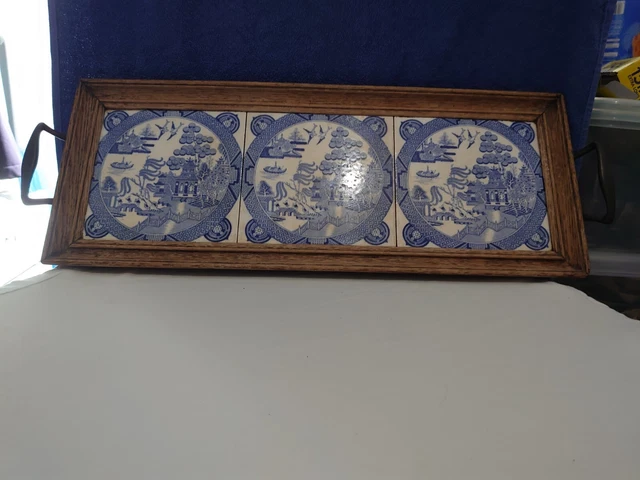 Antique 3  Minton Stoke On Trent Tiles Cordial Tray Wooden Base  Brass Handles