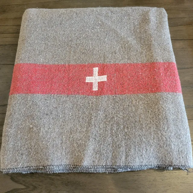Swiss Army Military Style Wool Blanket Brown Red Stripes Cross Camp  80" x 58"