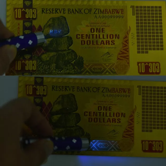 Zimbabwe 1 Centillion Dollars 24K Gold Foil Banknote 100 Trillion Series 3