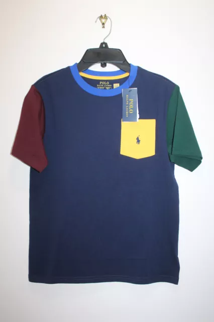 Polo Ralph Lauren Boys T-Shirt 100% Cotton Crew Neck Navy Multi Size M (10-12)