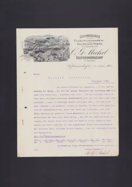 SEIFHENNERSDORF, Brief 1915, C. G. Michel Filzschuhwaren-Holzschuh-Fabrik