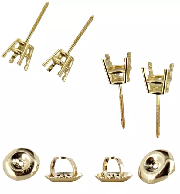 14K Yellow Gold Round Pre-Notched Stud Earring Mount Setting Threaded - 1 Piece