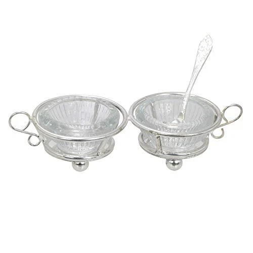 Set saliera in vetro con base in metallo, con cucchiaino, colore argento, (w1l)