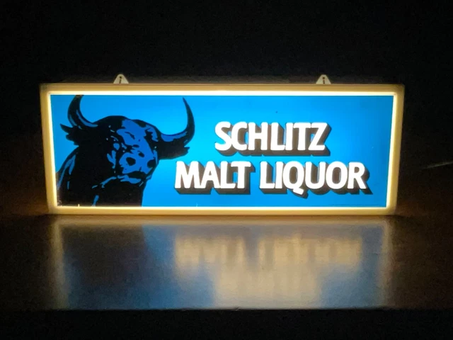 Vintage 70s Schiltz Malt Liquor Bull Lighted Light Up Advertising Sign 8x19