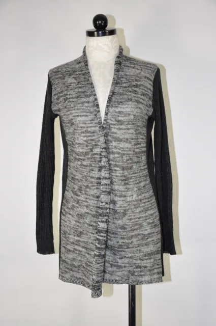 Eileen Fisher Black Gray Two Tone Linen Open Front Wrap Knit Cardigan Women XS