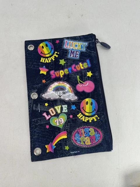 Vintage Lisa Frank Denim Jean Zipper 3 Ring Binder Rainbow Patches Pencil Pouch