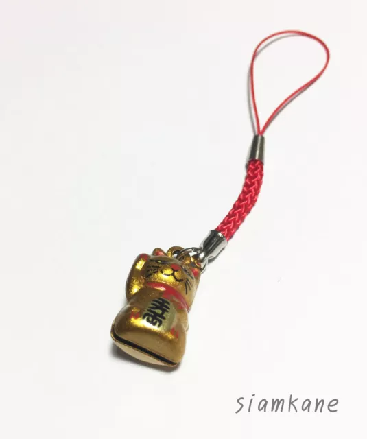 Lucky Cat Maneki Neko Japanese Bell 2.3 cm. Gold Rich Red Strap 3