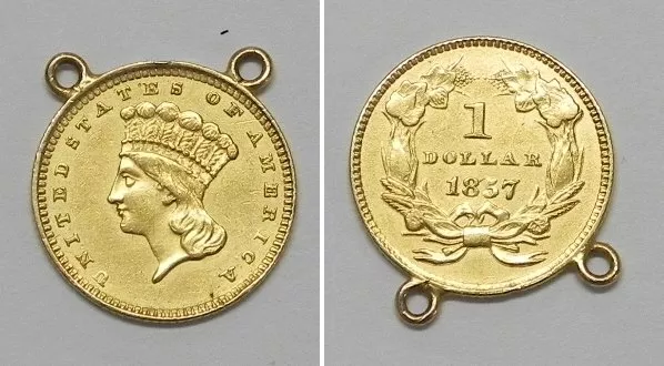 X5339  1857 USA One $1 Liberty Gold Dollar Coin, Ex-Jewelry