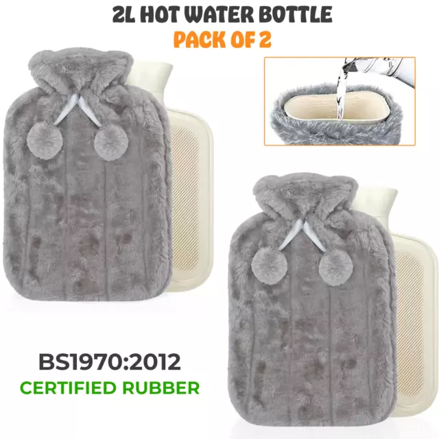 2 x 2L Cosy Faux Fur Hot Water Bottle Natural Rubber Warmer Pain Relief Heat New