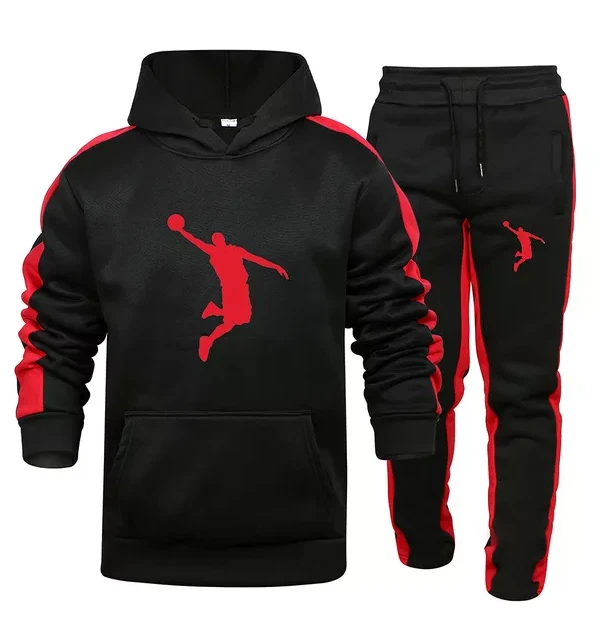 Tuta Completa 2 Pezzi Felpa Pantalone Sportiva Fitness Con Cappuccio Basket