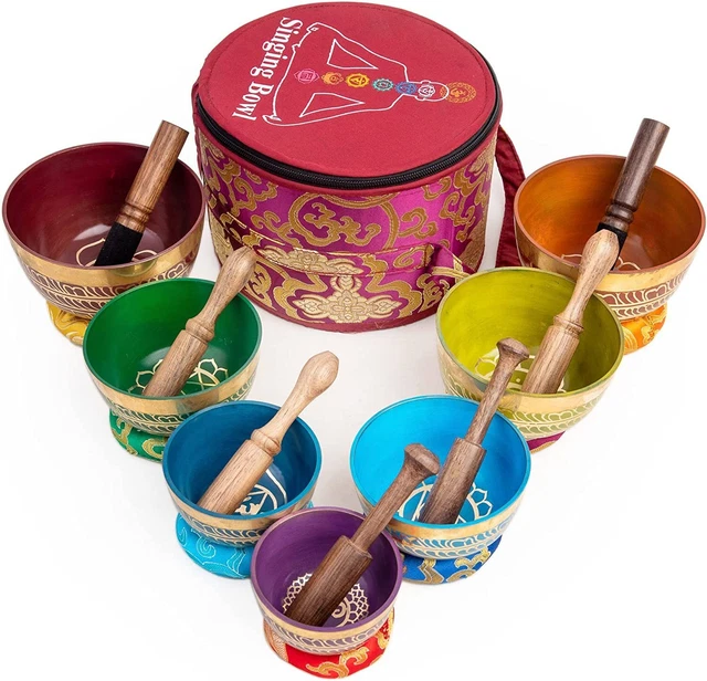 Tibetan Singing Bowls Set Of 7 Color for Meditation Mindfulness with Carry...